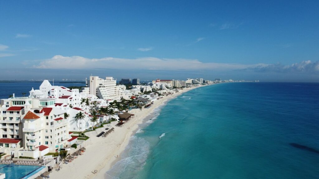 Aerial view of Cancun beach, turquoise Caribbean water and the Hotel Zone