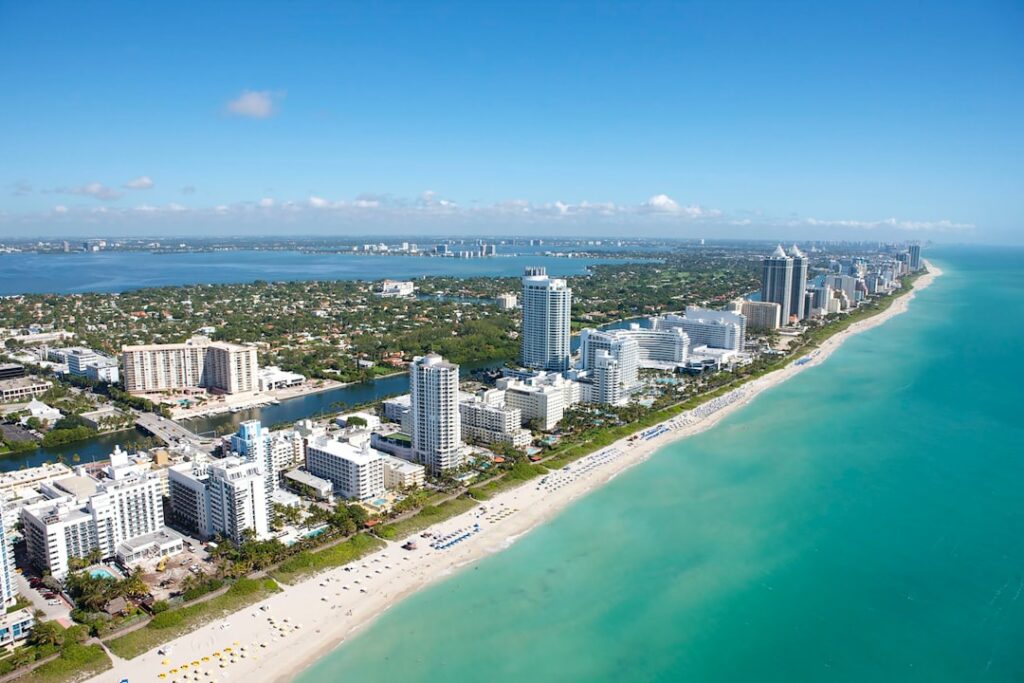 Aerial view of Miami Beach coastline and turquoise Atlantic Ocean