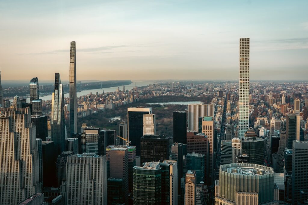 Wide view of the Manhattan skyline in New York City